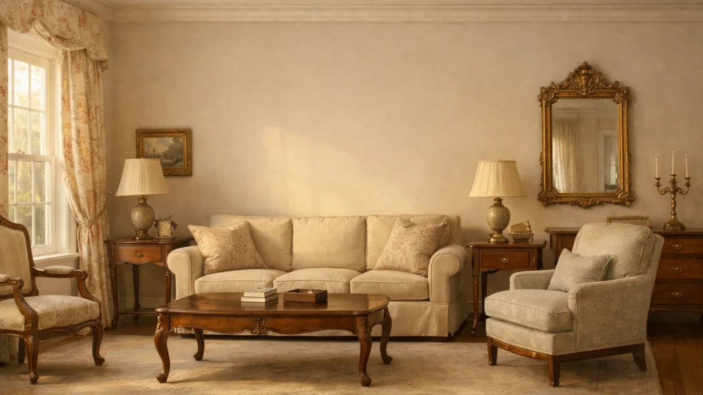 Salon de maison de famille, rideaux toile de Jouy, près de Le Vésinet
