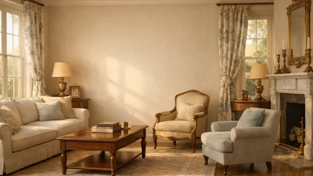Salon de maison de famille, rideaux toile de Jouy, près de Levallois-Perret