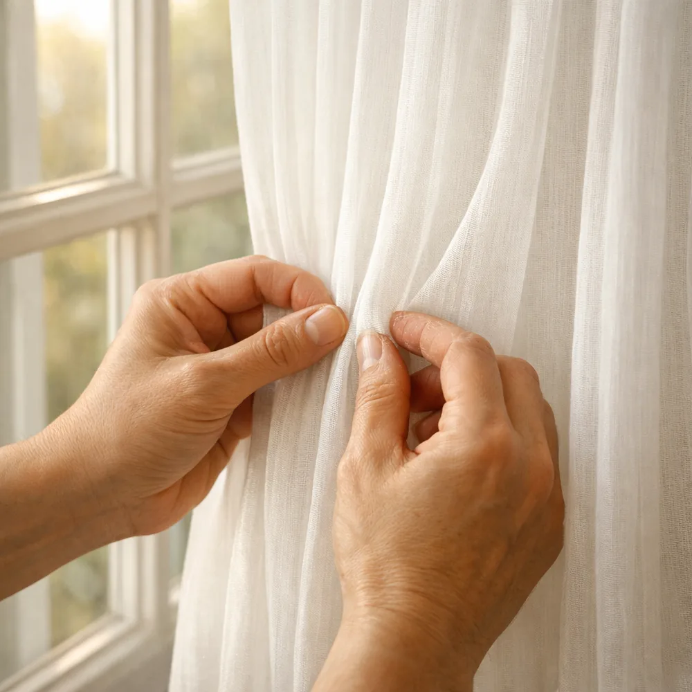 Pose de rideaux sur mesure : ajustement des plis à la main