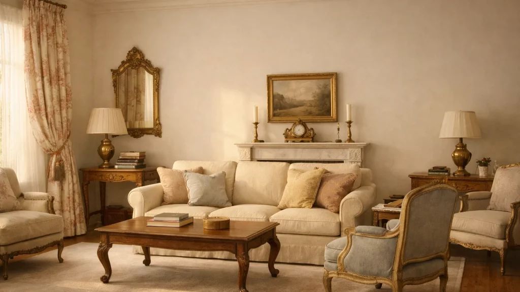 Salon de maison de famille, rideaux toile de Jouy, près de Maisons-Laffitte