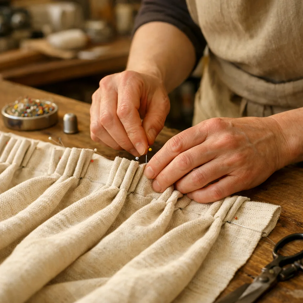 Confection en atelier : épinglage des plis d'une tête de rideau