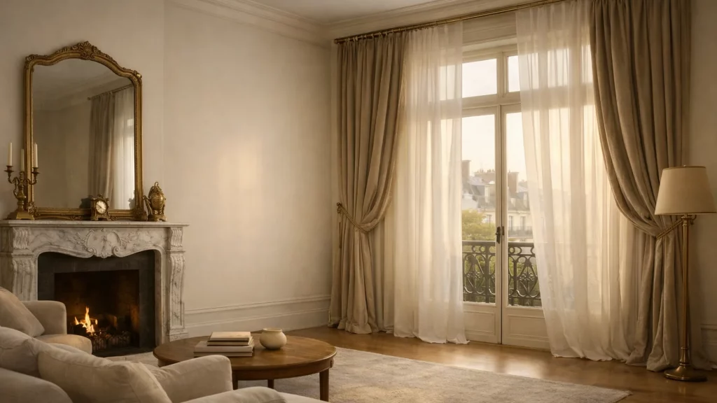 Salon parisien, rideaux velours et voilages superposés, près de Paris 8e
