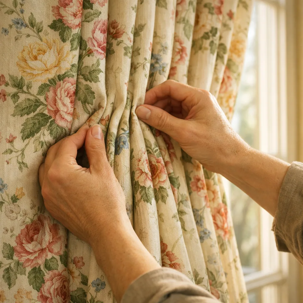 Pose de rideaux sur mesure : ajustement des plis à la main
