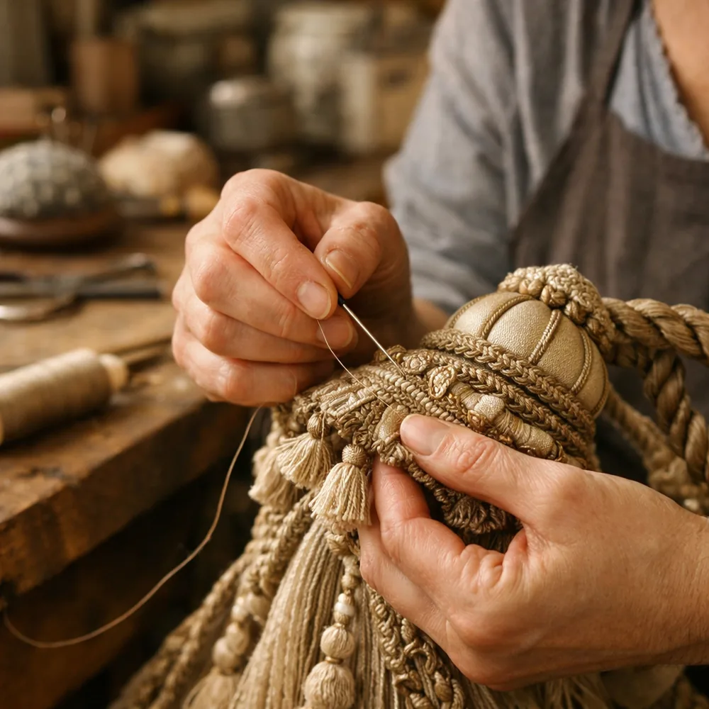 Confection en atelier : couture main d'une embrasse de passementerie