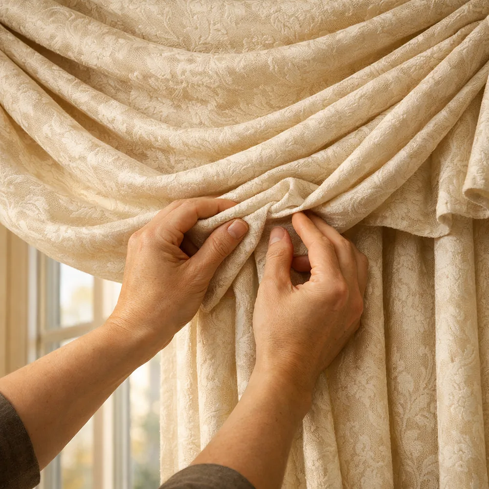 Pose de rideaux sur mesure : ajustement des plis à la main