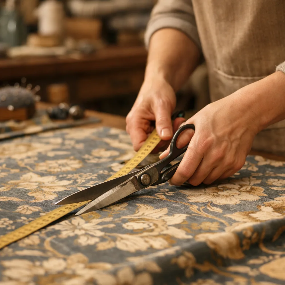 Confection en atelier : coupe d'un lé de tissu aux ciseaux de coupe
