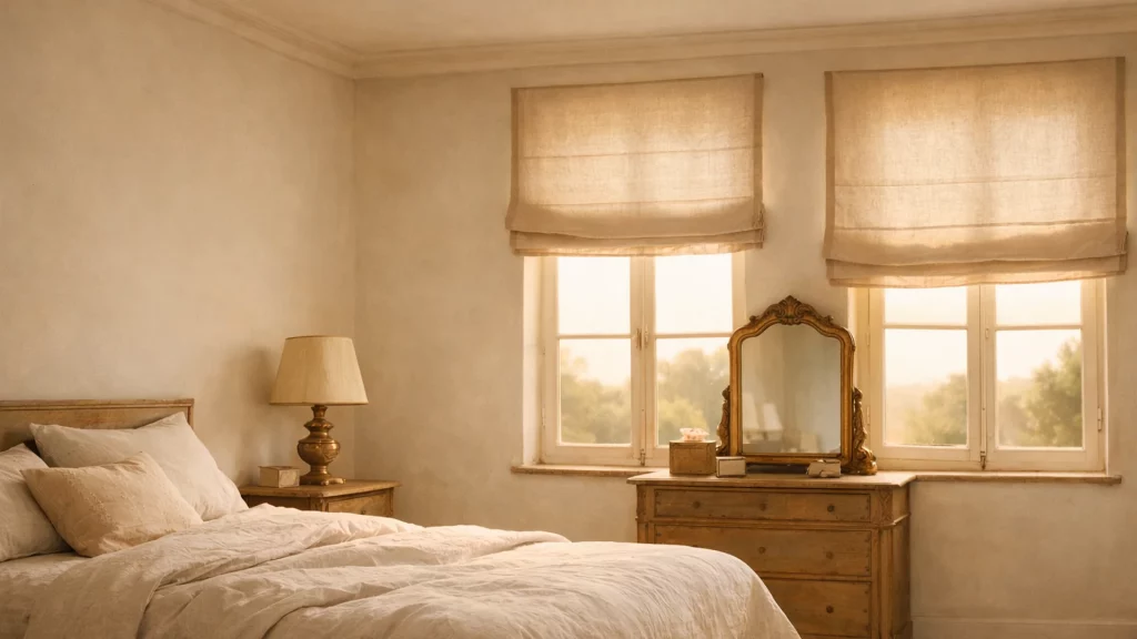 Chambre de maison ancienne, stores bateau en lin, près de Saint-Nom-la-Bretèche