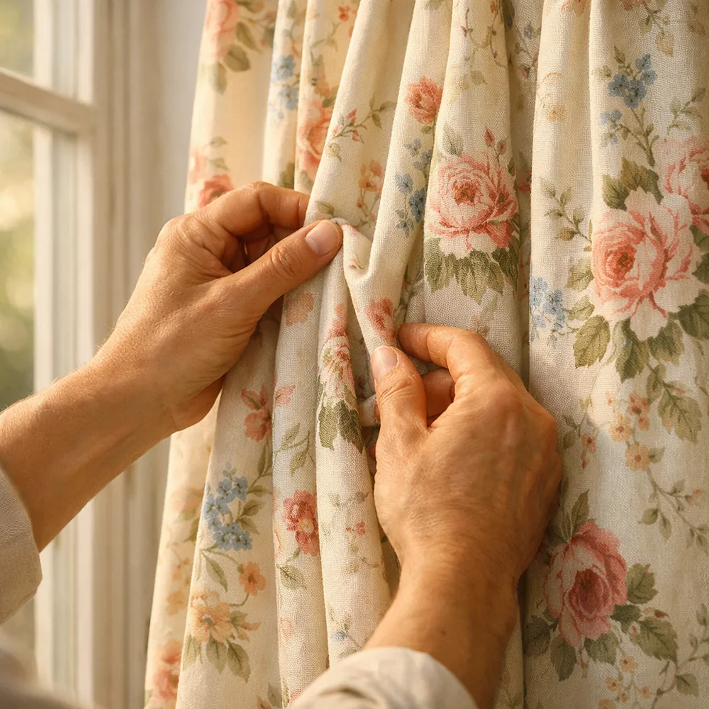 Pose de rideaux sur mesure : ajustement des plis à la main