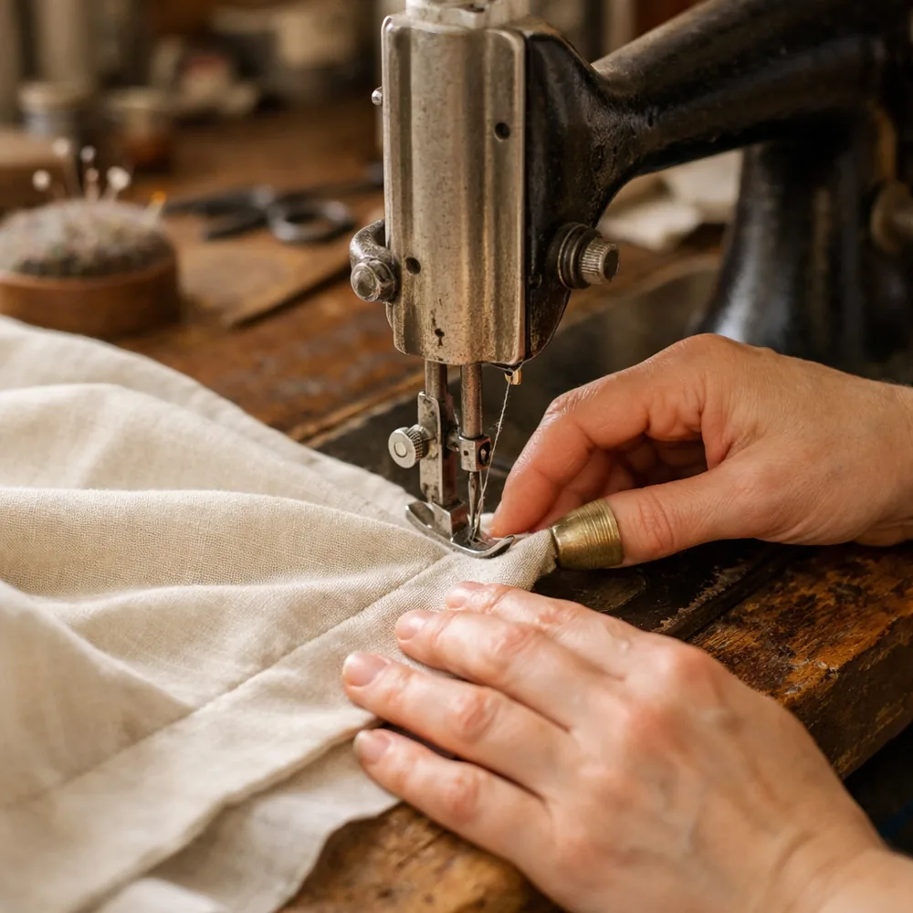 Confection en atelier : couture d'un ourlet à la machine ancienne