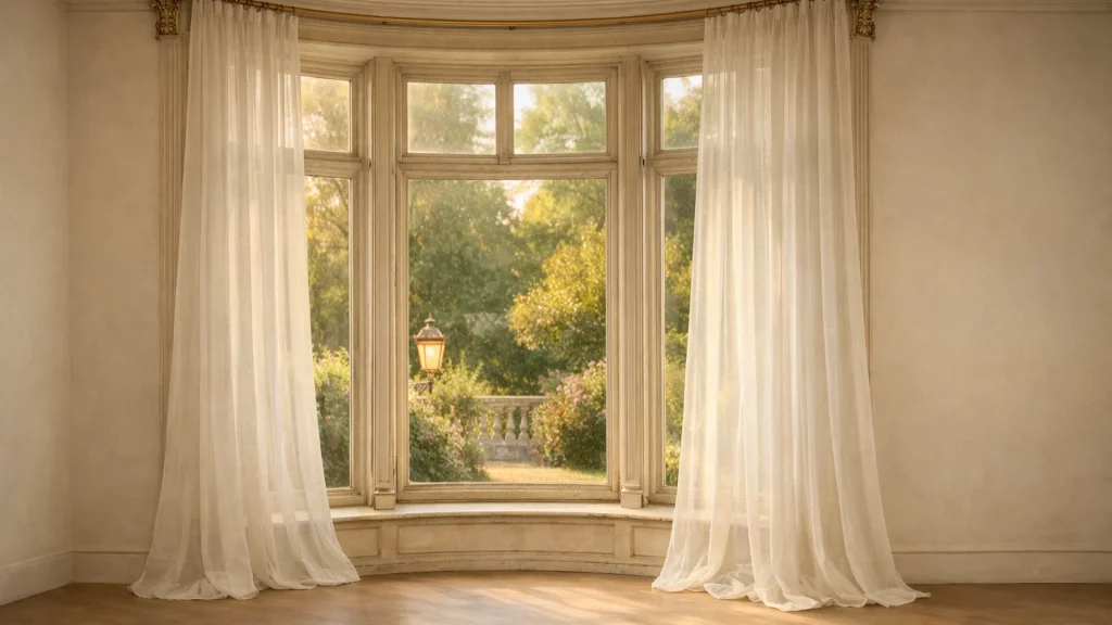 Baie vitrée de maison ancienne, grands voilages, près de Sceaux
