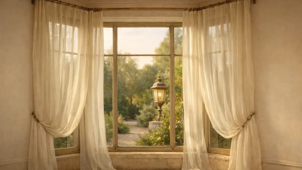Baie vitrée de maison ancienne, grands voilages, près de Versailles